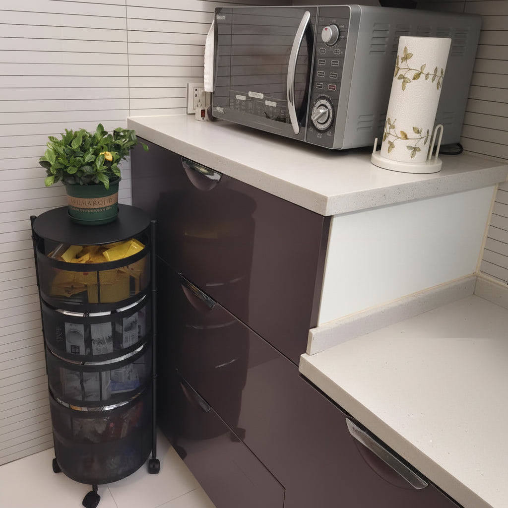 Estante Giratorio Negro Haiton Organizador Verdulero 4 Pisos Metal con Ruedas