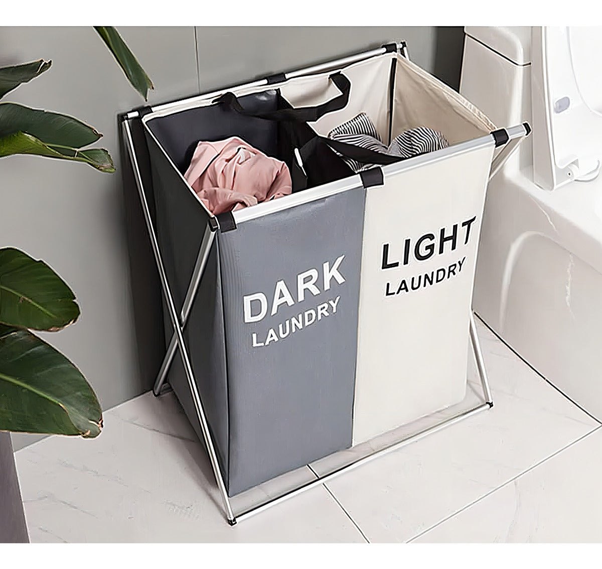 Canasto Ropa Sucia Plegable Haiton 2 Divisiones Color Blanco Negro Tela