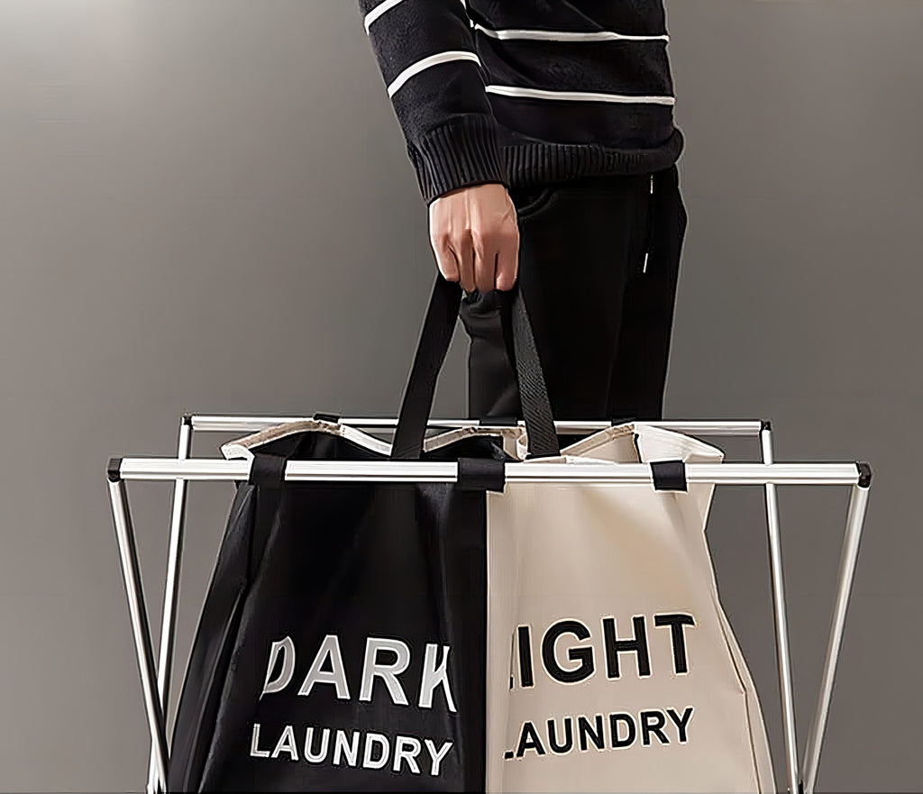 Canasto Ropa Sucia Plegable Haiton 2 Divisiones Color Blanco Negro Tela