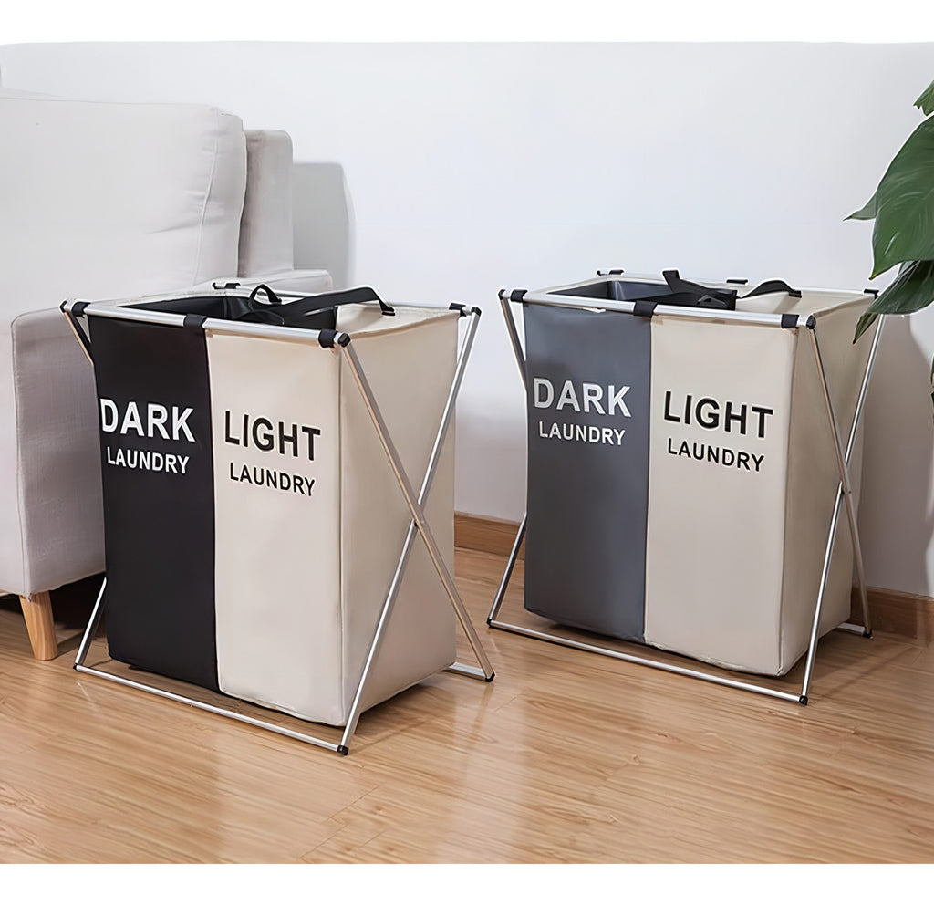 Canasto Ropa Sucia Plegable Haiton 2 Divisiones Color Blanco Negro Tela