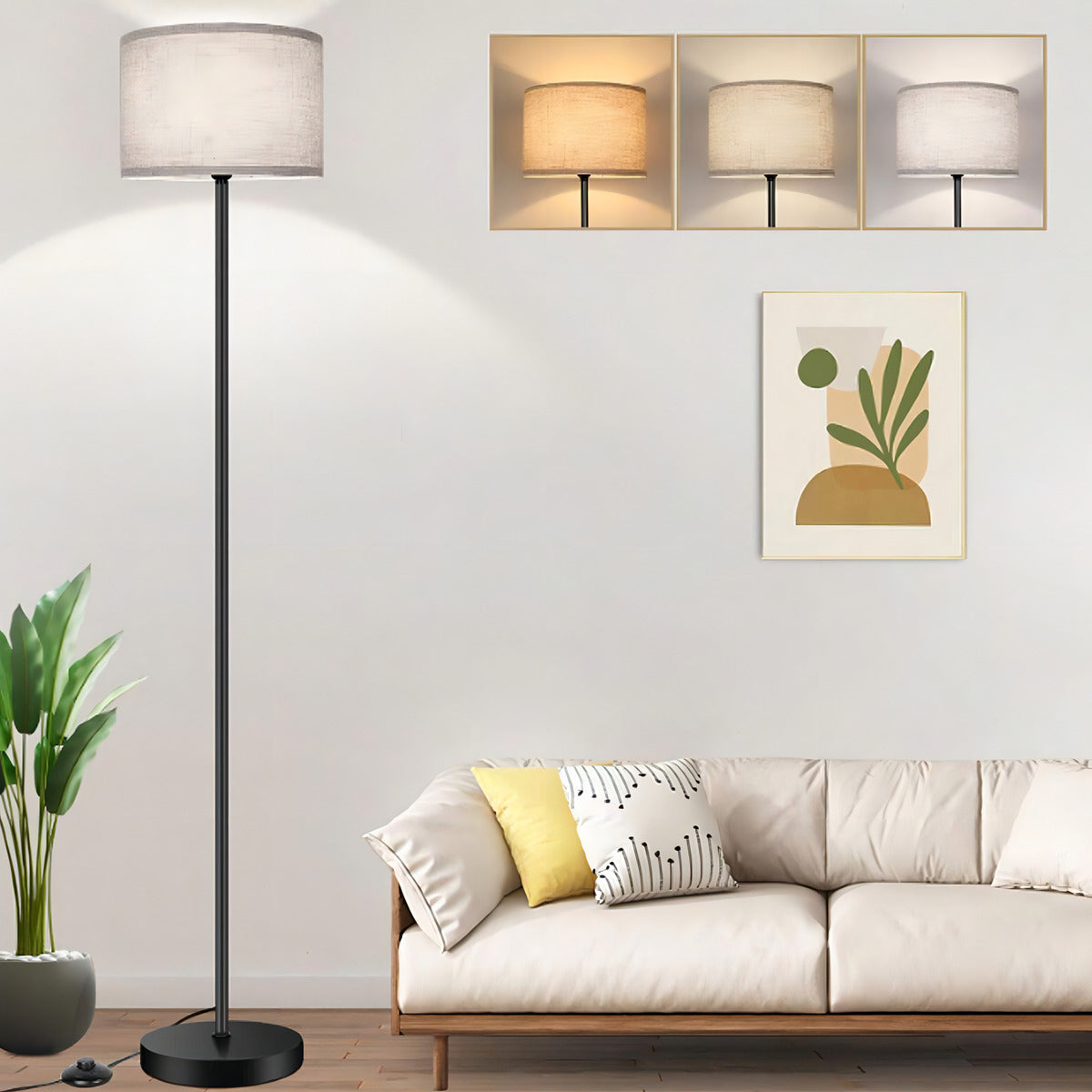 Lámpara de Pie Base Metal Negra Pantalla Plástica Blanca E27 145cm