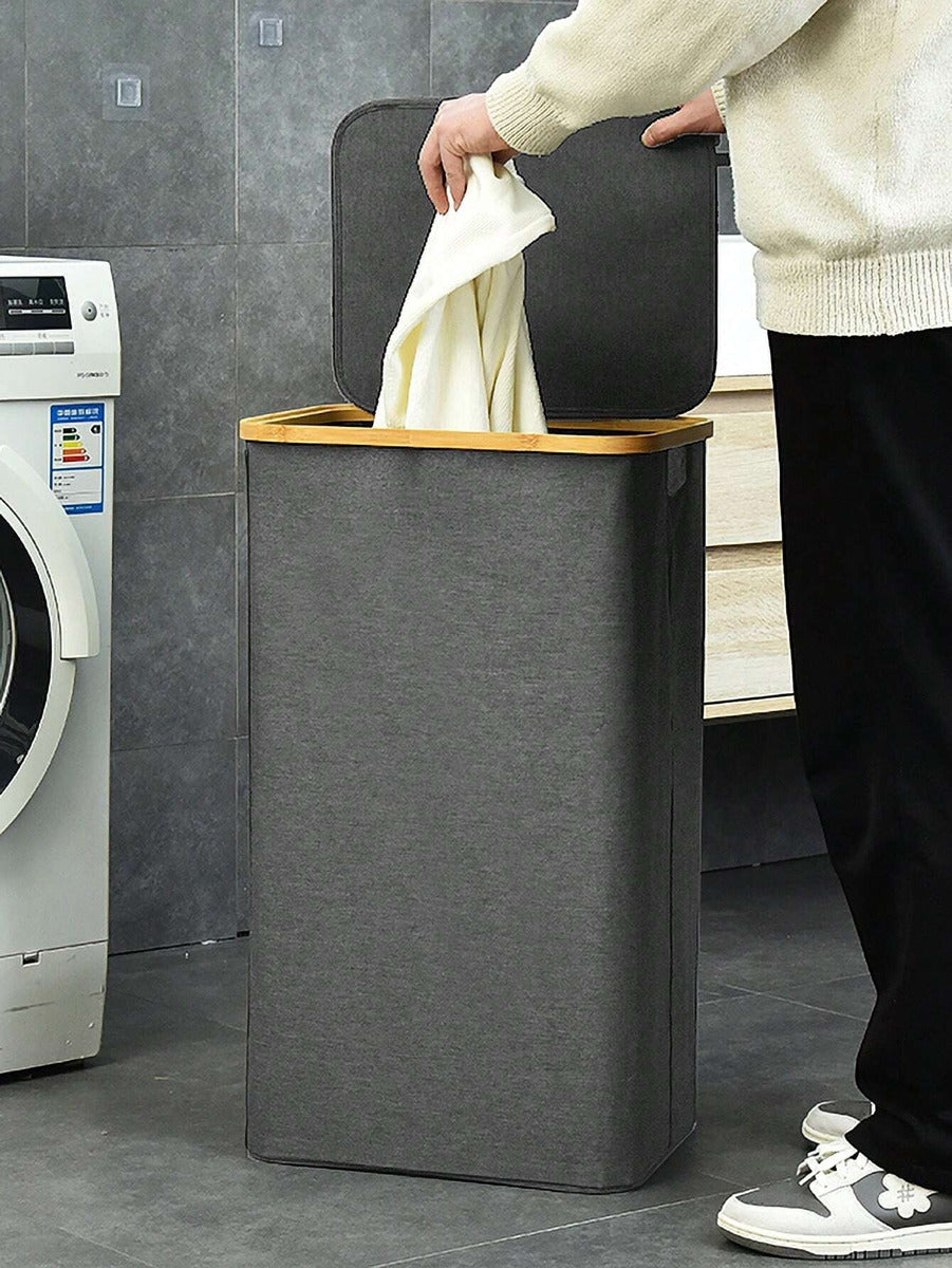 Cesto Canasto Ropa Sucia Plegable Borde Madera Con Tapa