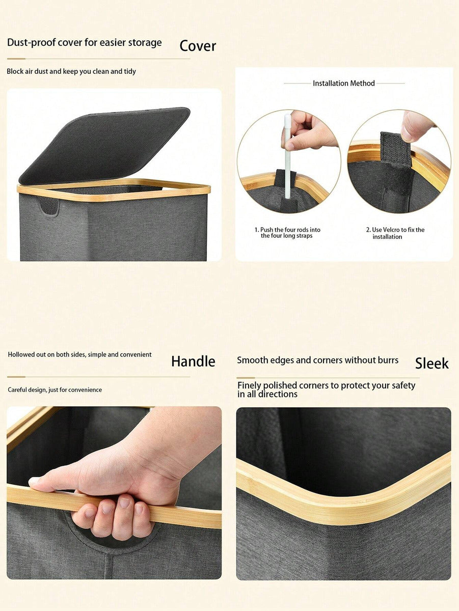 Cesto Canasto Ropa Sucia Plegable Borde Madera Con Tapa