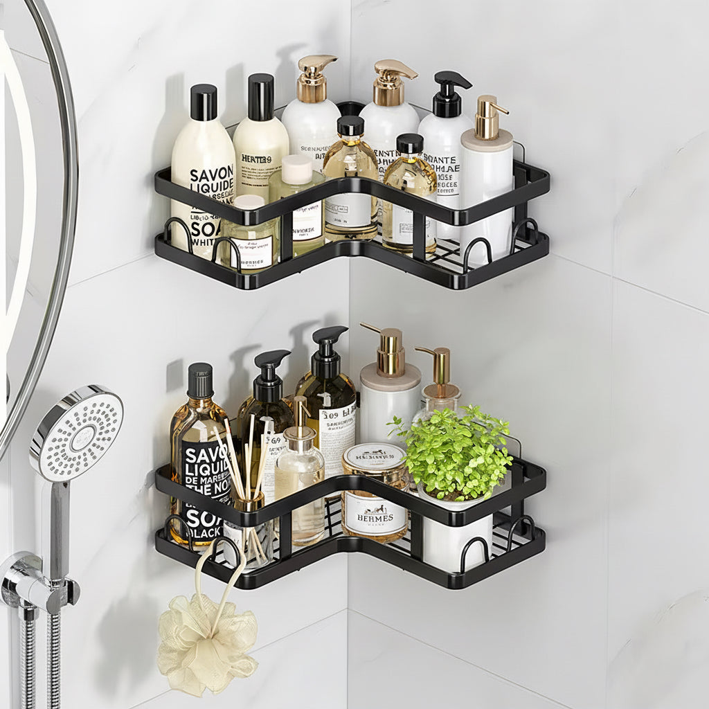 Estante Adhesivo Haiton Esquinero 2 Cestas Metal Negro Resistente Agua