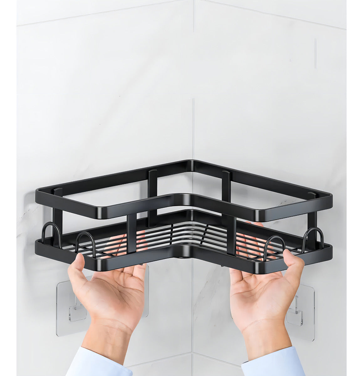 Estante Adhesivo Haiton Esquinero 2 Cestas Metal Negro Resistente Agua