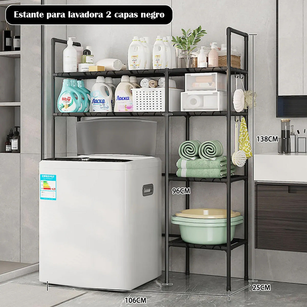 Estante Organizador Okay Para Lavadora Baño Metal 2 Niveles Negro