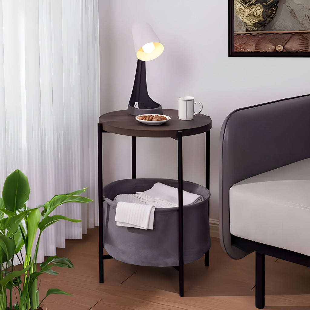 Mesa Centro Redonda Haiton Madera Acero 2 Niveles Negro Moderna