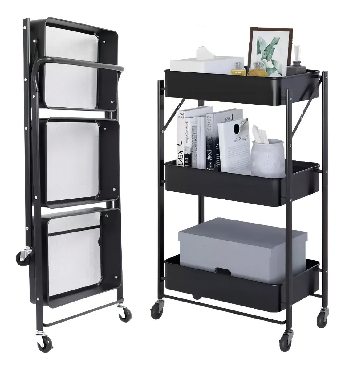 Estante Carrito Organizador Mutiuso Plegable Con Ruedas Color Negro