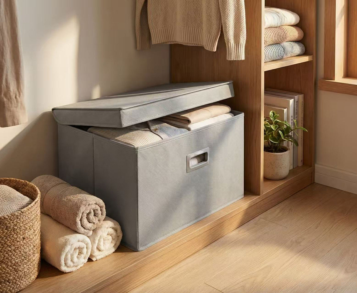 Caja Plegable Organizadra Para Ropa Con Tapa Transparente L Beige Lisa