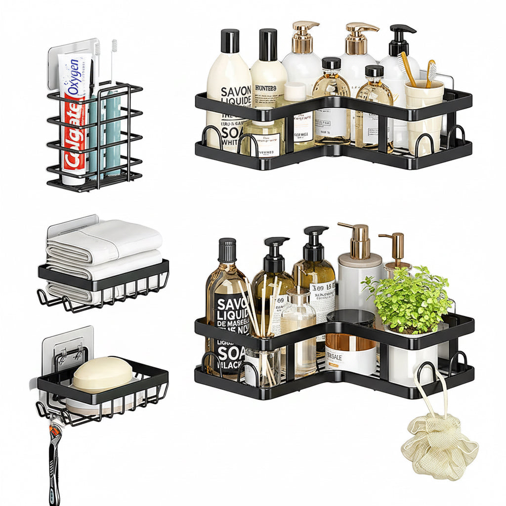 Estante Adhesivo Haiton 5 Cestas Metal Negro para Baño Resistente al Agua