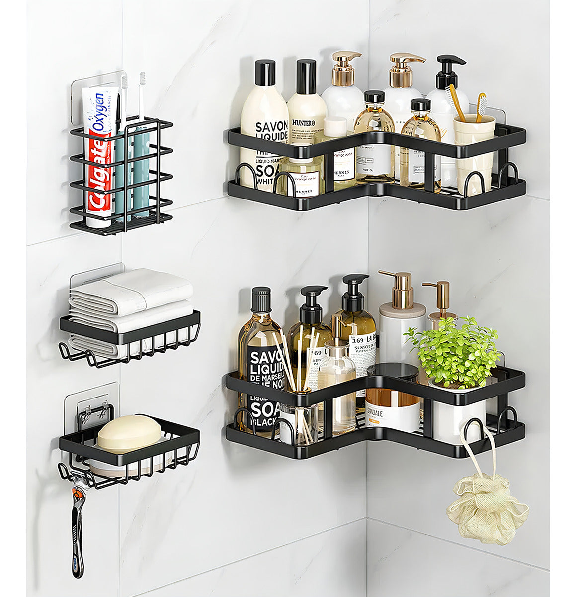 Estante Adhesivo Haiton 5 Cestas Metal Negro para Baño Resistente al Agua