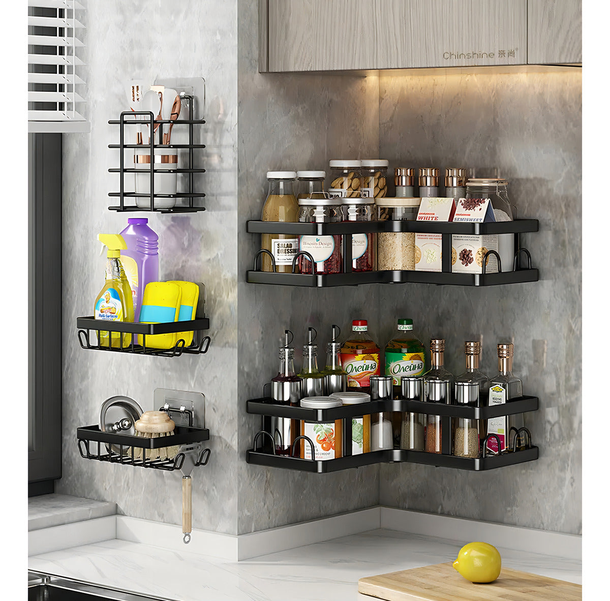 Estante Adhesivo Haiton 5 Cestas Metal Negro para Baño Resistente al Agua