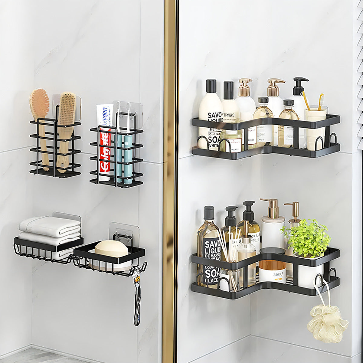 Estante Adhesivo Haiton 5 Cestas Metal Negro para Baño Resistente al Agua