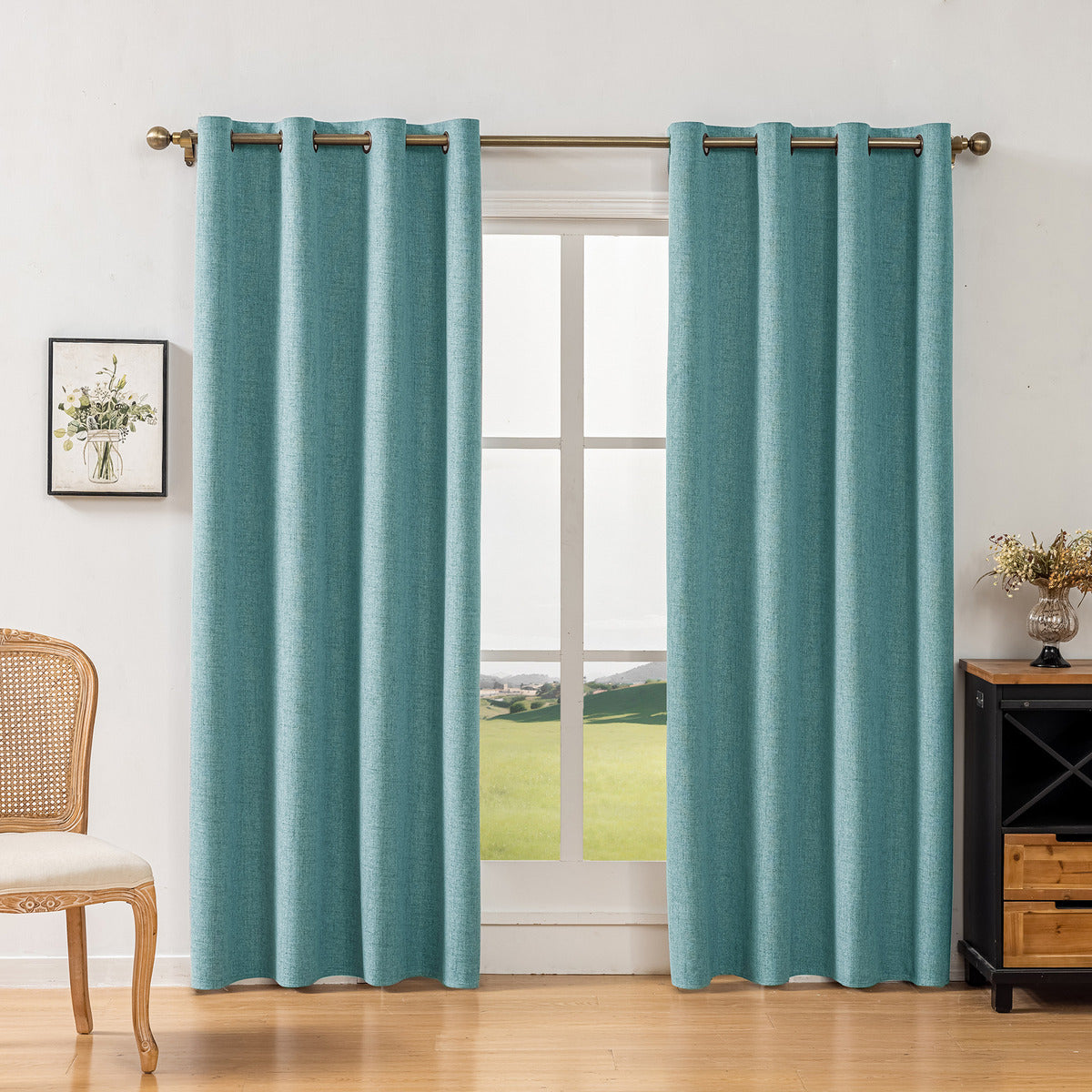 Cortina Lino Con Blackout 100% Térmica Engomada 2 Paños Turquesa