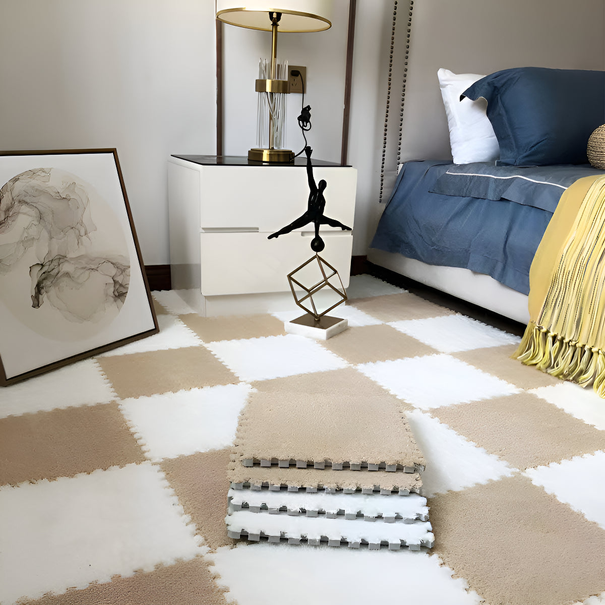 Set 10 Alfombra Goma Eva Peluda Piso Decoración 30x30cm Color Blanco Y Gris Peludo