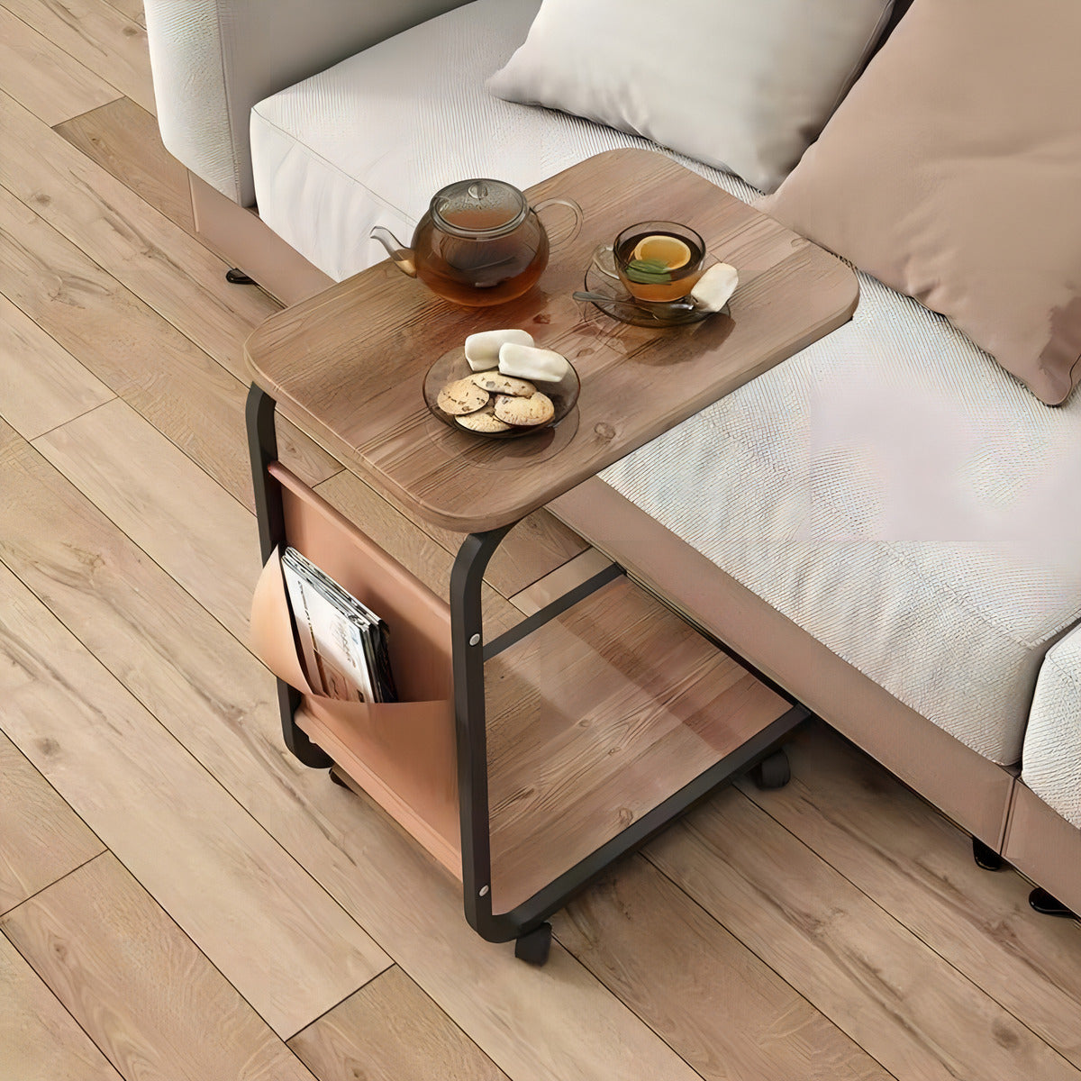 Mesa Auxiliar Industrial con Ruedas – Diseño en "C" para Sofá o Cama