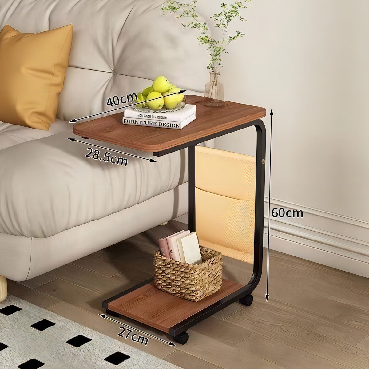 Mesa Auxiliar Industrial con Ruedas – Diseño en "C" para Sofá o Cama